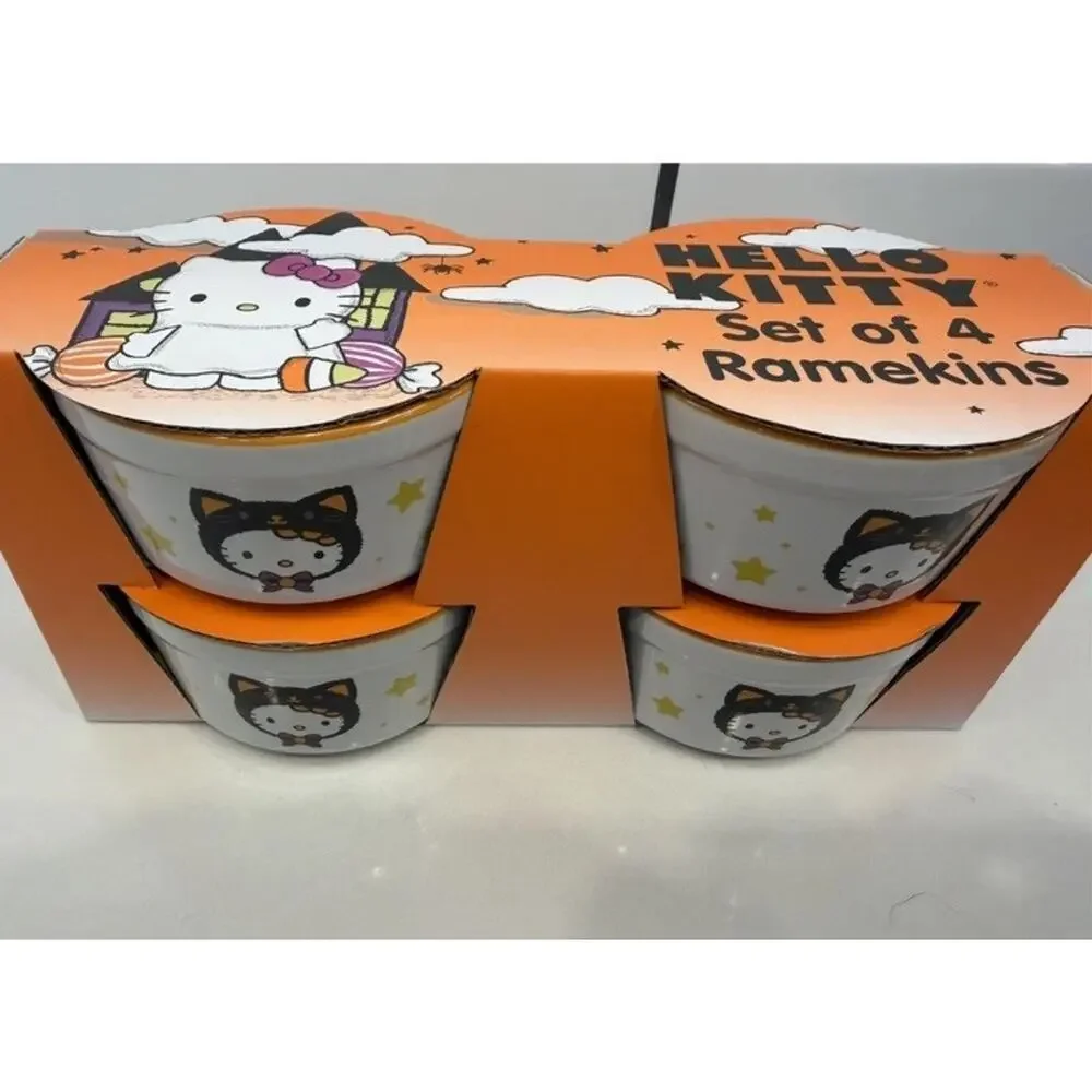 Sanrio Hello‎ Kitty Halloween Black Cat Stars Set Of 4 Baking Ramekins White NEW